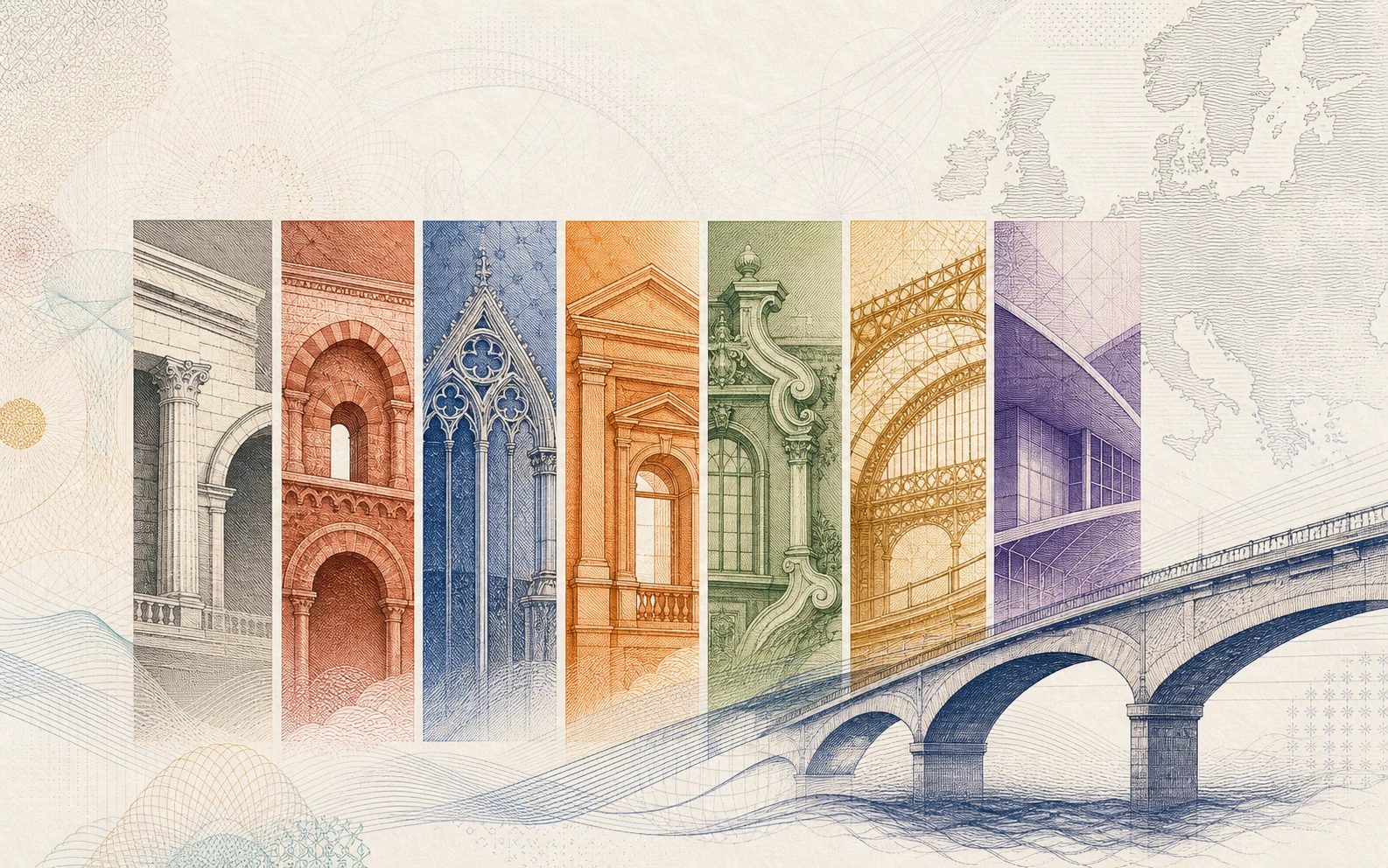 Engraving-style editorial illustration of European architectural periods, coloured denomination panels and a bridge motif.
