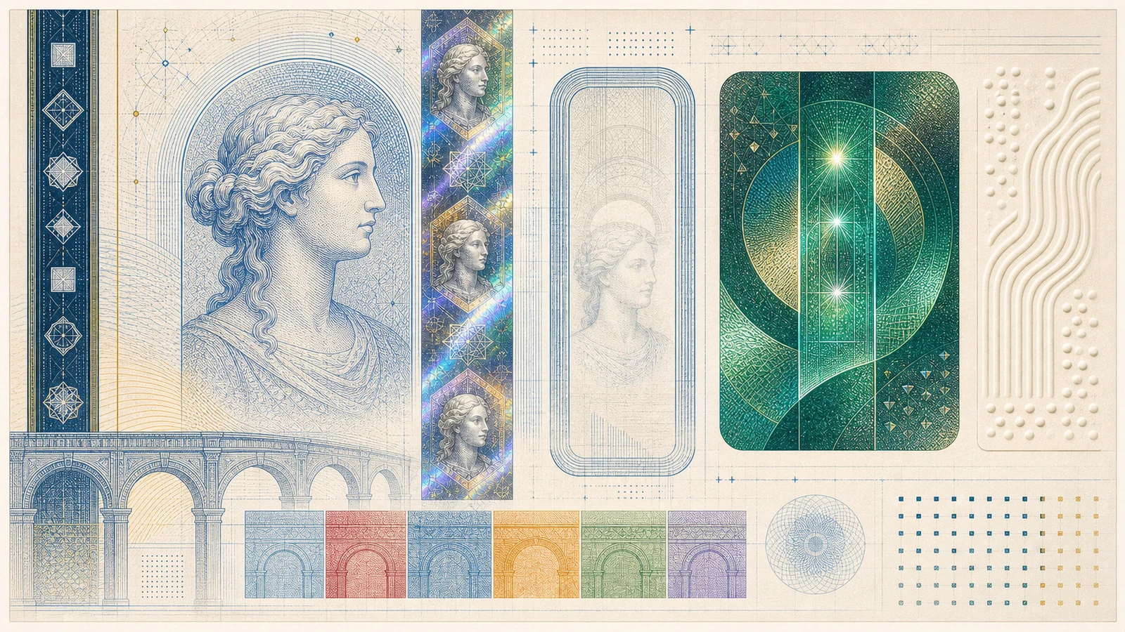 Editorial illustration of Europa series security features, including a portrait watermark, hologram strip, emerald light effect and tactile security details.