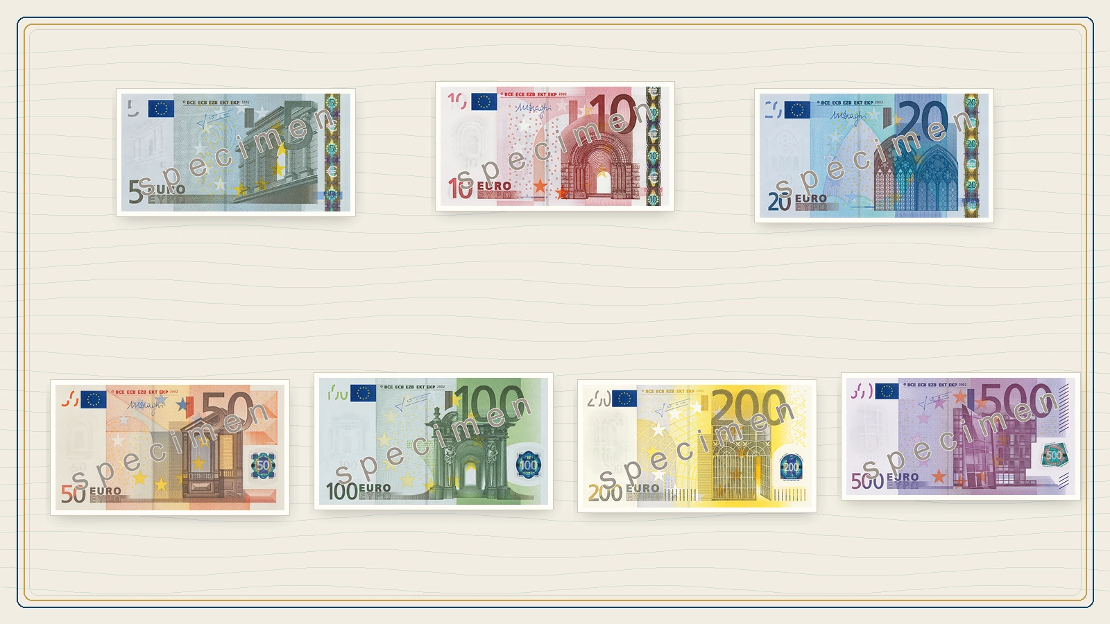 Collage of the seven first-series denominations from 5 to 500 euro, made with official ECB specimen images.