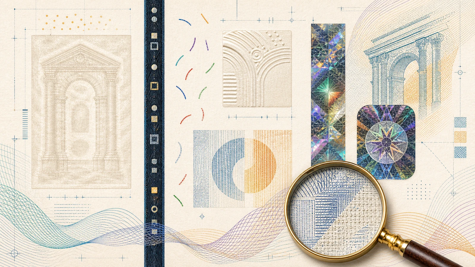 Editorial illustration of first-series euro banknote security features, including a watermark panel, security thread, UV fibres, holographic foil and raised print.