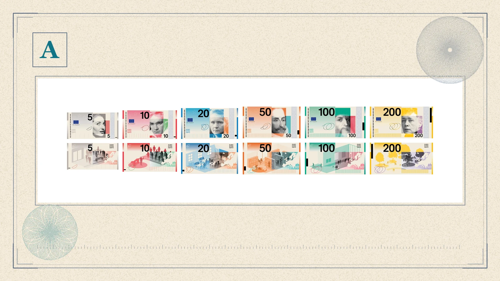 Design A proposal for the future euro banknotes by Studio Joost Grootens: fronts and reverses of the six denominations from 5 to 200 euro.