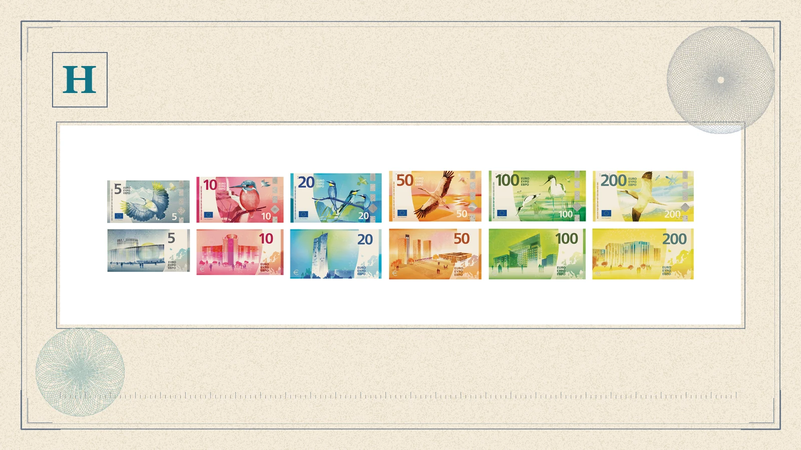 Design H proposal for the future euro banknotes by Atelier Goppel-Toperngpong: fronts and reverses of the six denominations from 5 to 200 euro.