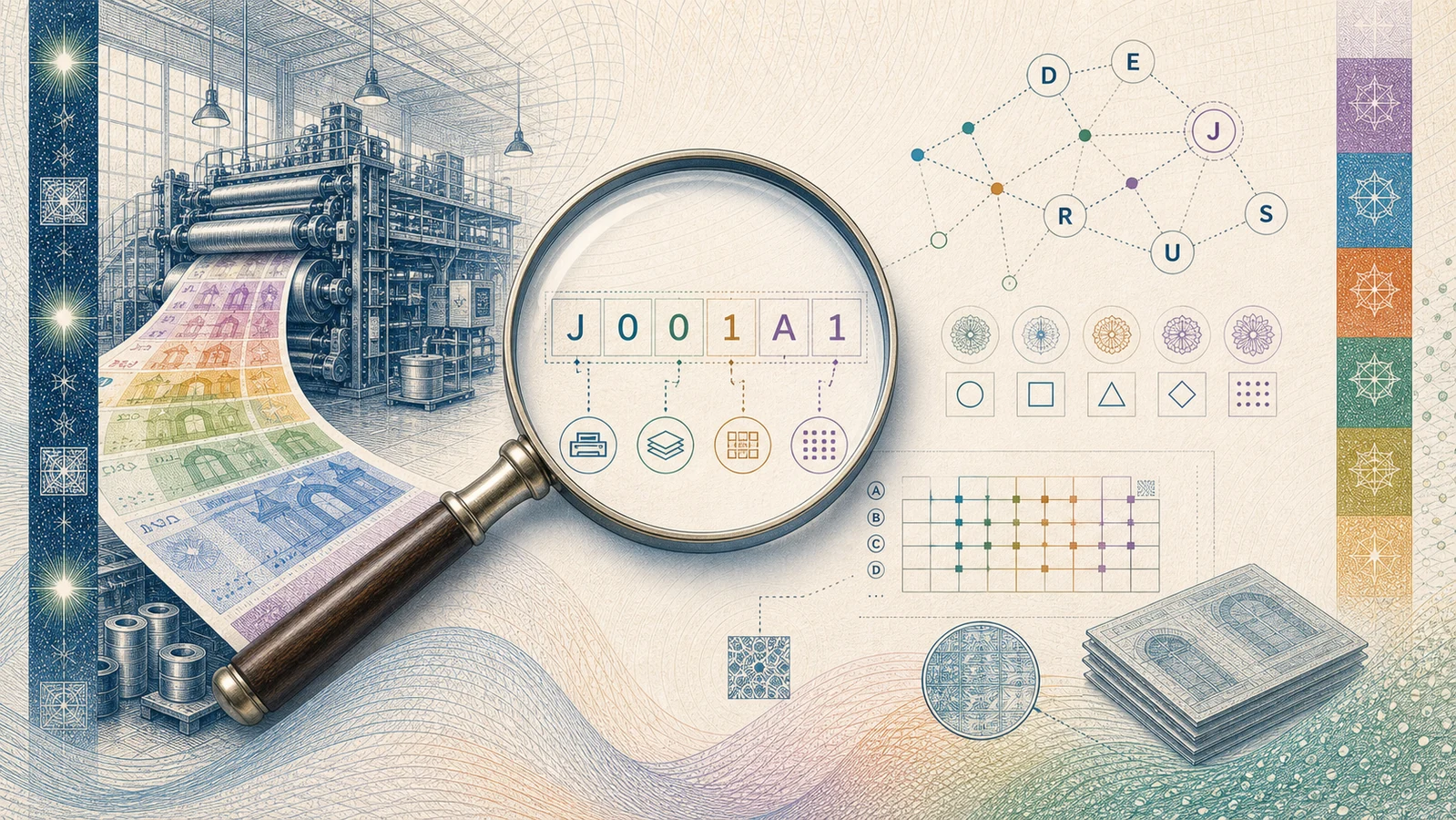 Editorial illustration of a security-printing office, a loupe over a short production code, printer-letter nodes and a sheet-position grid.