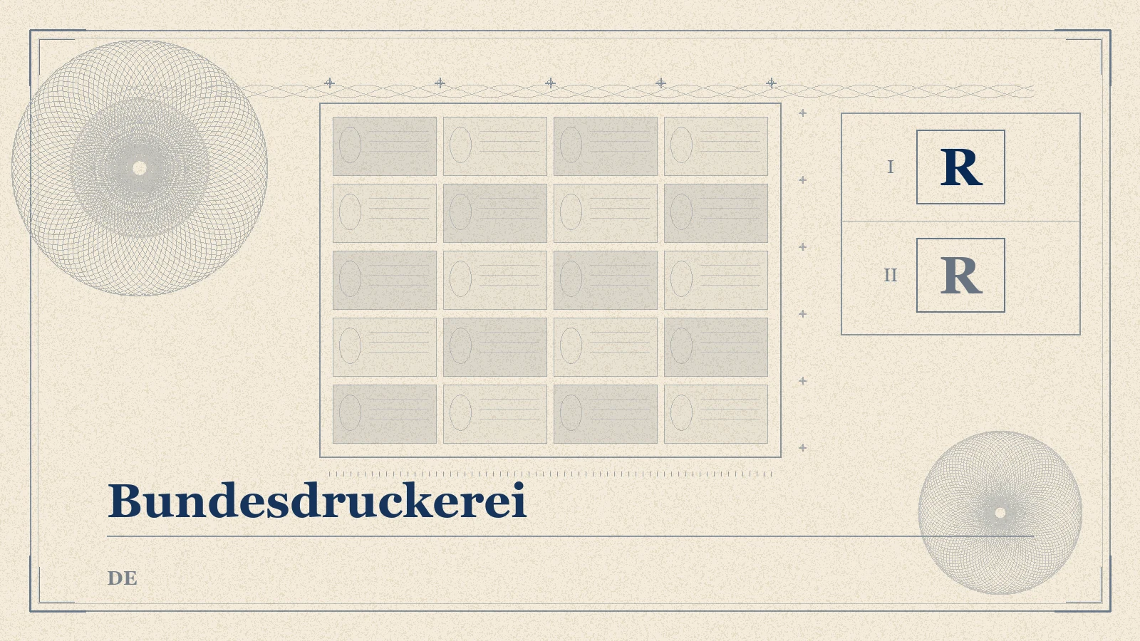 Engraved plate showing a sheet of blank notes and the printer letter R of the Bundesdruckerei works in Berlin.
