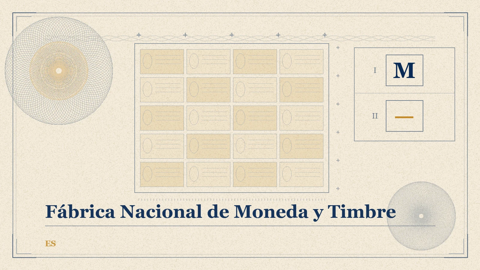 Engraved plate showing a sheet of blank notes and the first-series printer letter M of the Fábrica Nacional de Moneda y Timbre.