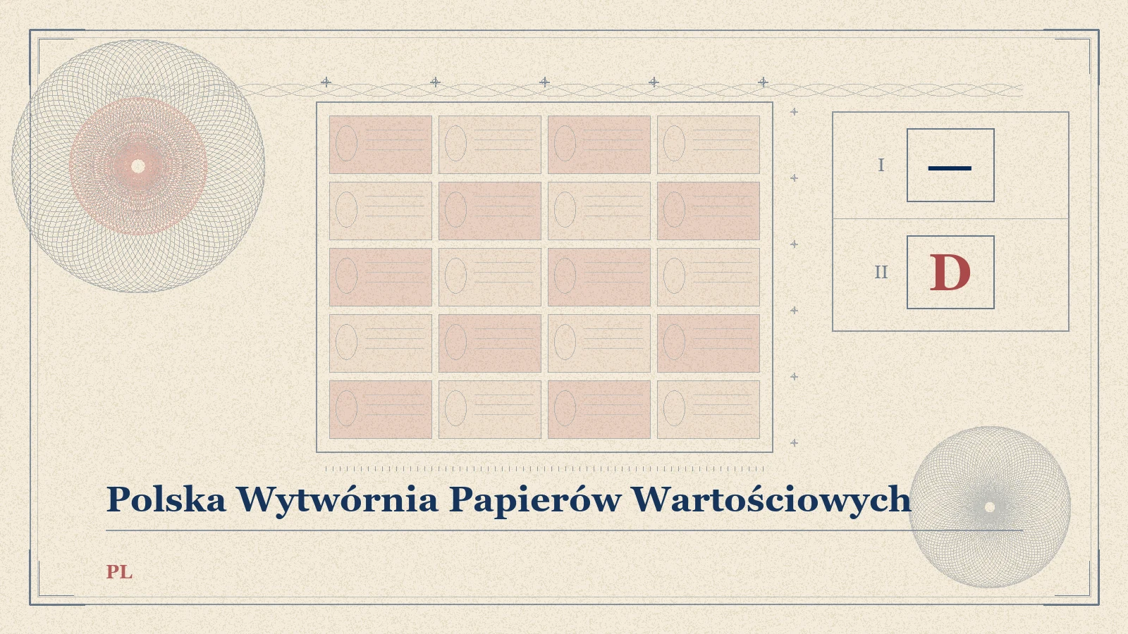 Engraved plate showing a sheet of blank notes and the Europa-series printer letter D of the Polish security printing works.