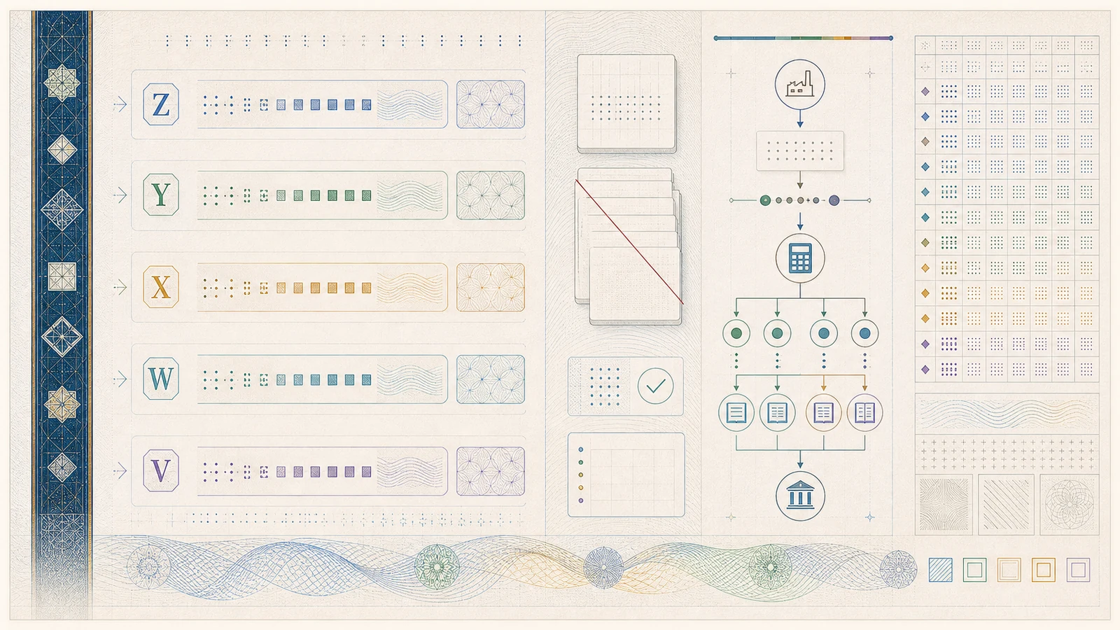 Engraving-style editorial illustration of serial-number lanes, sheet-position grids and accounting-style replacement flow for euro banknotes.
