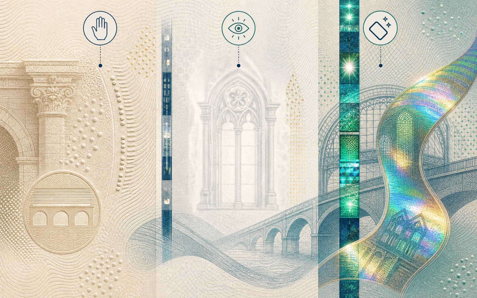Editorial illustration of euro banknote security features, with tactile marks, a watermark area, a security thread and holographic foil.