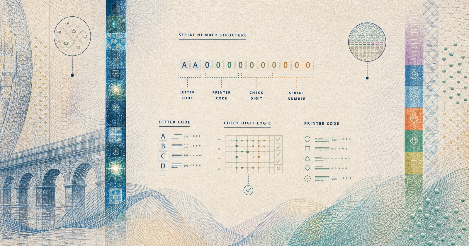 Educational illustration of euro banknote serial-number structure, with letter-code blocks, check-digit logic and banknote-style security paper.