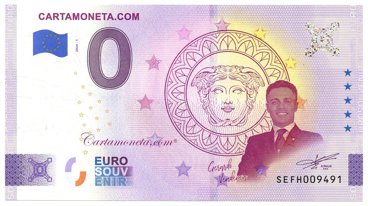 Front of the Cartamoneta.com 0 euro souvenir note with the Trinacria and a head of Medusa.