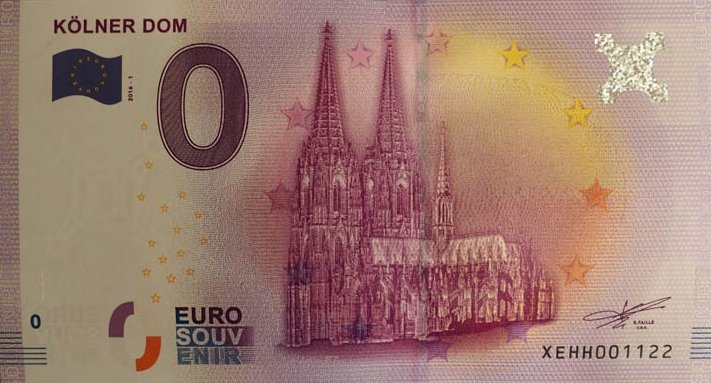 0 euro souvenir banknote from 2016 depicting Cologne Cathedral, with the printed denomination 0 and the words EURO SOUVENIR.