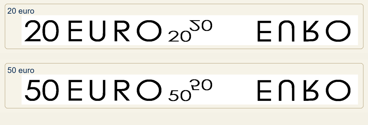 Comparison of security-thread inscriptions on first-series 20 euro and 50 euro banknotes.