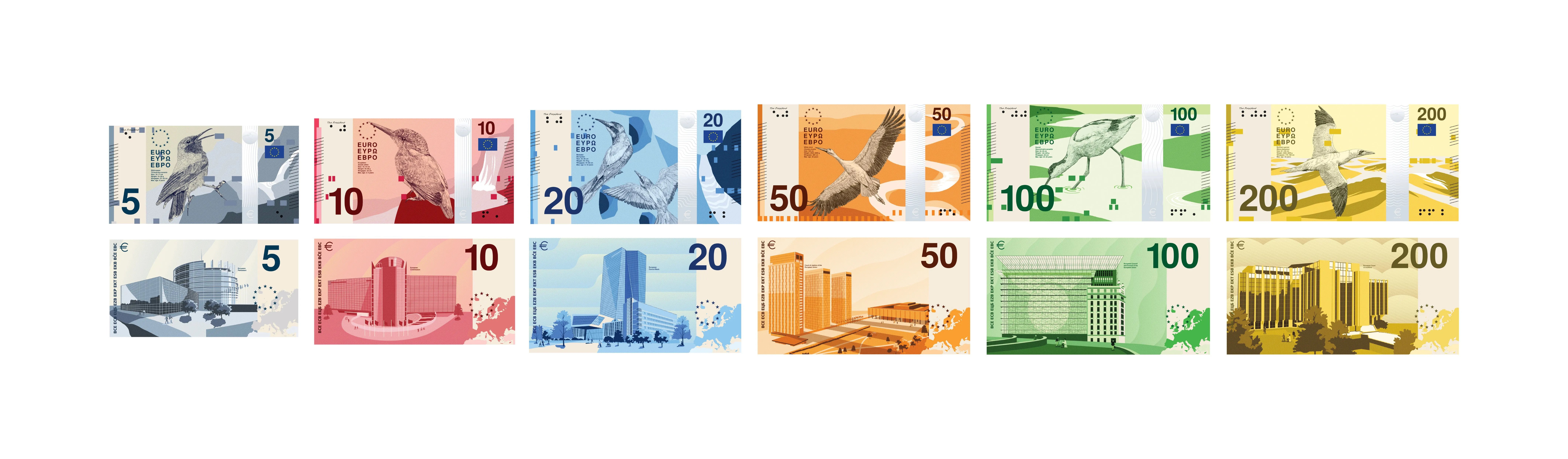 Design B proposal for the future euro banknotes by PunktFormStrich: fronts and reverses of the six denominations from 5 to 200 euro.