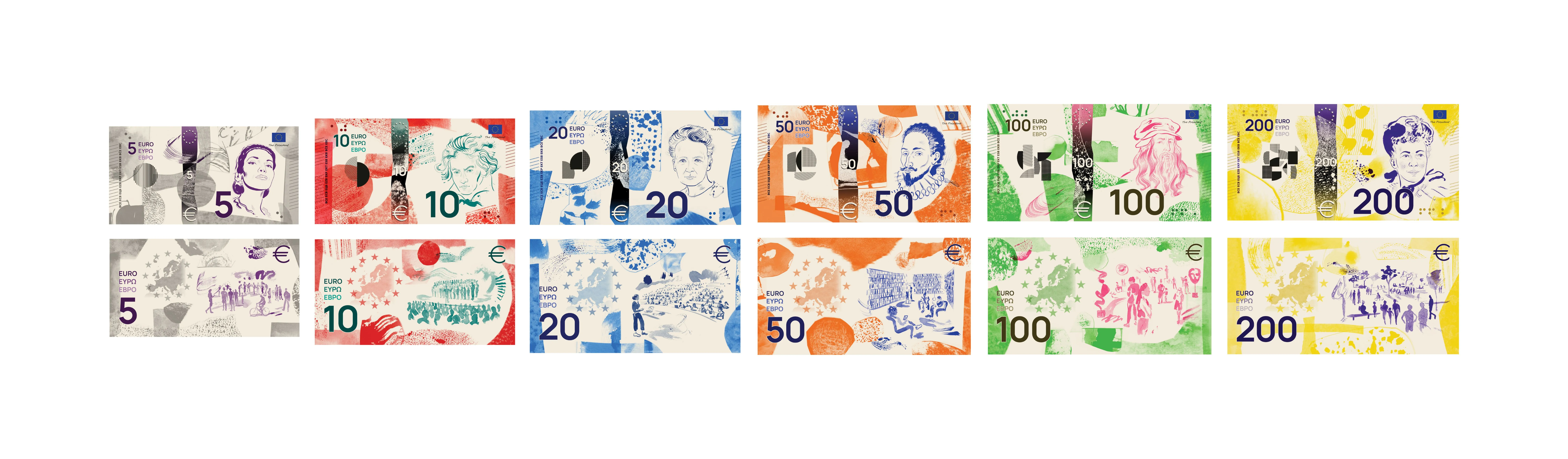 Design F proposal for the future euro banknotes by Jan Robert Dünnweller: fronts and reverses of the six denominations from 5 to 200 euro.