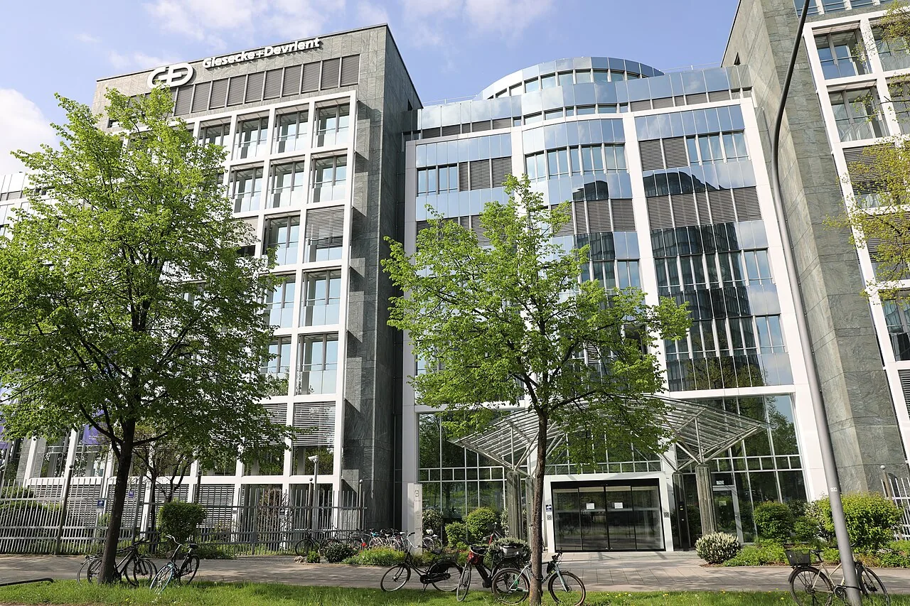 Photograph: The Giesecke+Devrient headquarters in Munich. Banknote printing moved to the company's Leipzig plant after the Munich works closed in 2015.